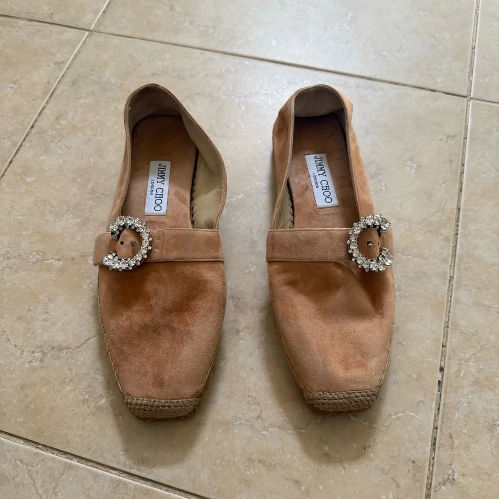 JIMMY CHOO Dru Crystal Embellished Suede Espadrilles Beige Sz 38 EU/8 US